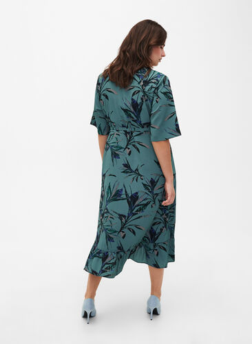Printed wrap dress with short sleeves , Sea Pine Leaf AOP, Model image number 1