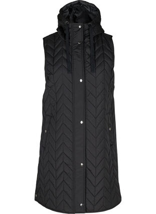 Long quilted vest with hood, Black, Packshot image number 0