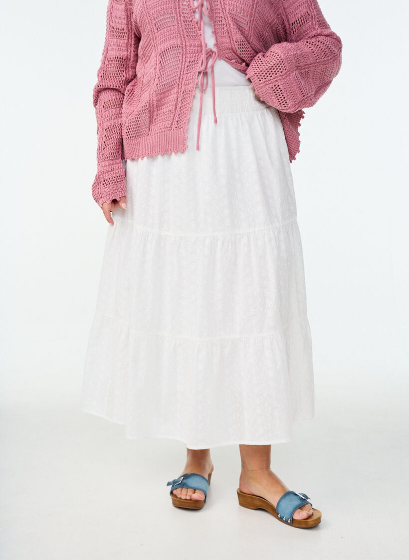 Ankle-length cotton skirt with a smocked waist, White, Model image number 2