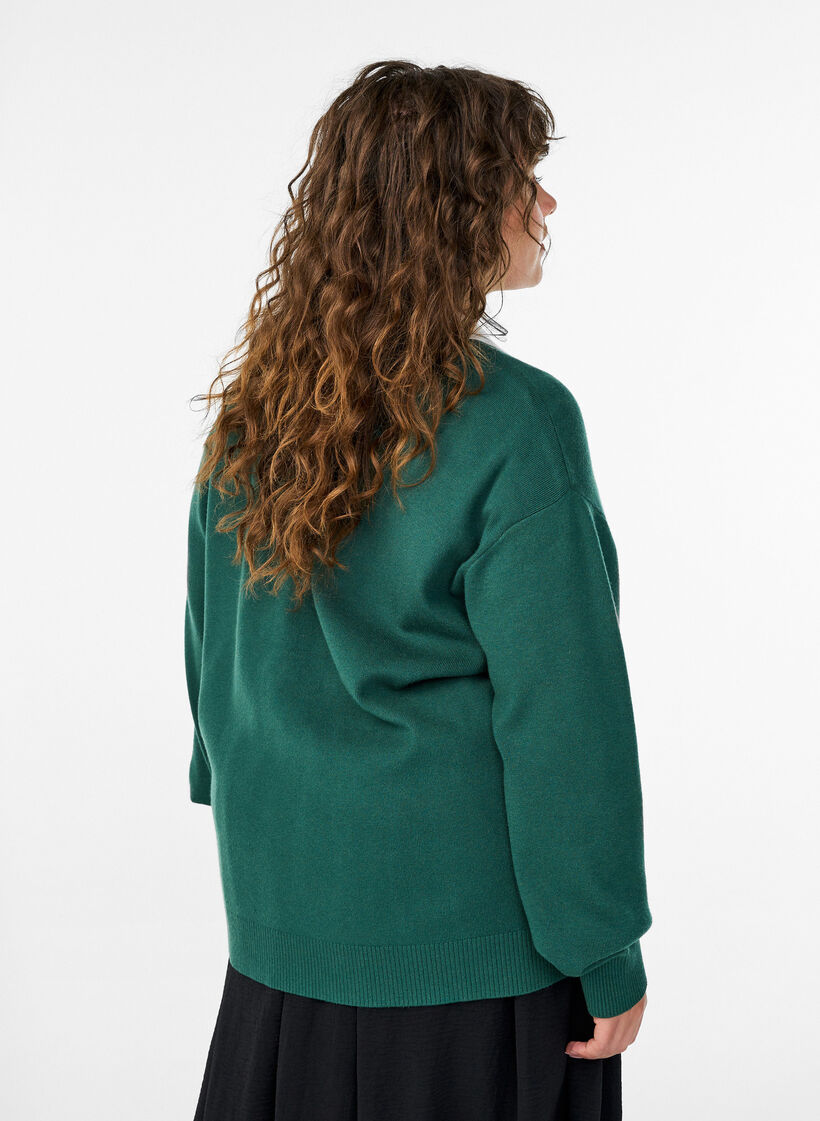 Knit blouse with polo collar and contrast stripes, Green, Model image number 2