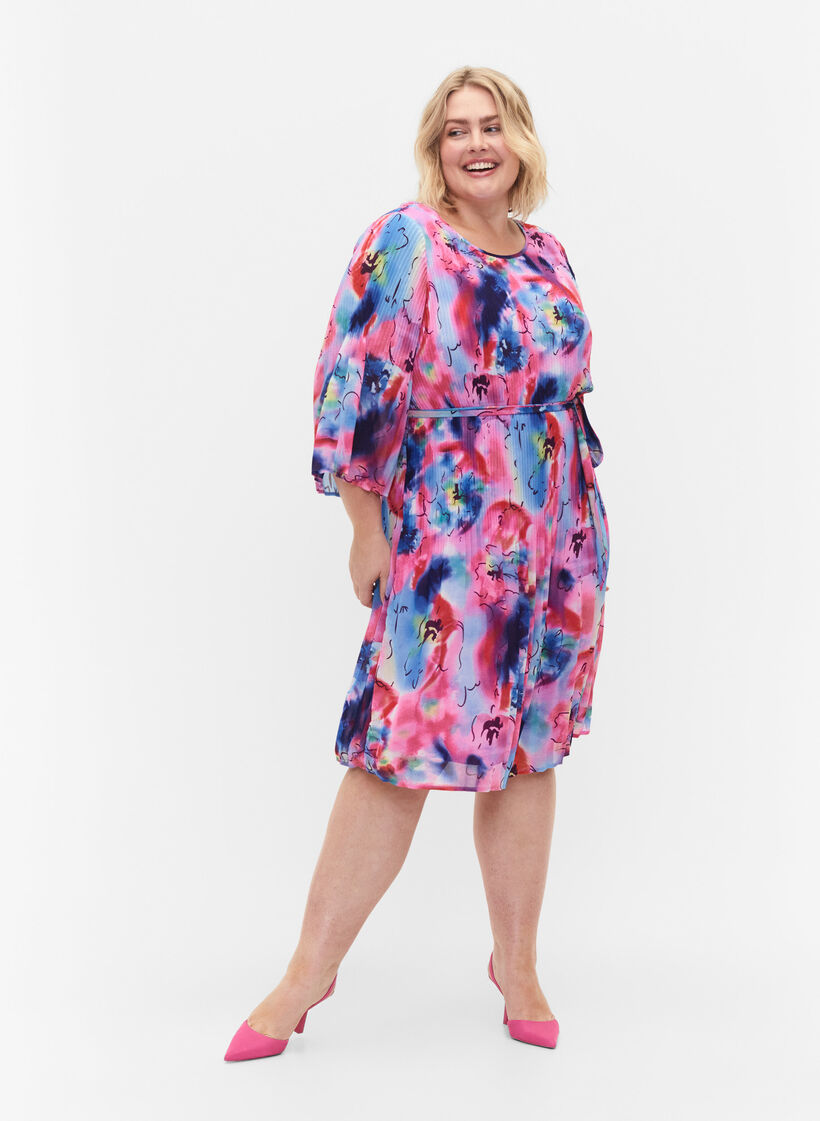 Printed pleated dress with tie string, Lavender Space AOP, Model image number 3