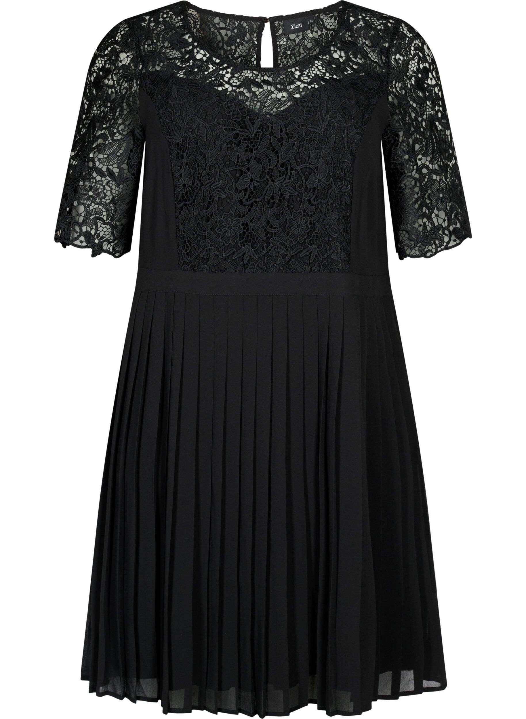 Zizzifashion Short sleeve dress with lace top, Black, Packshot image number 0