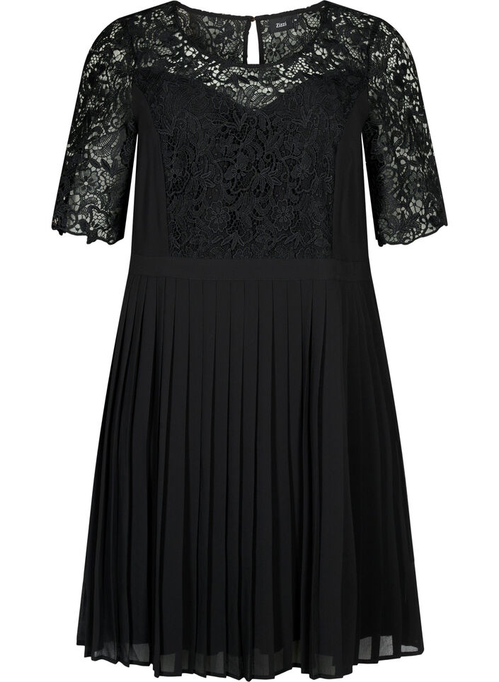 Short sleeve dress with lace top, Black, Packshot image number 0