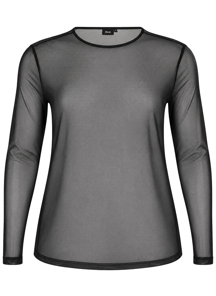 Mesh blouse with long sleeves, Black, Packshot image number 0