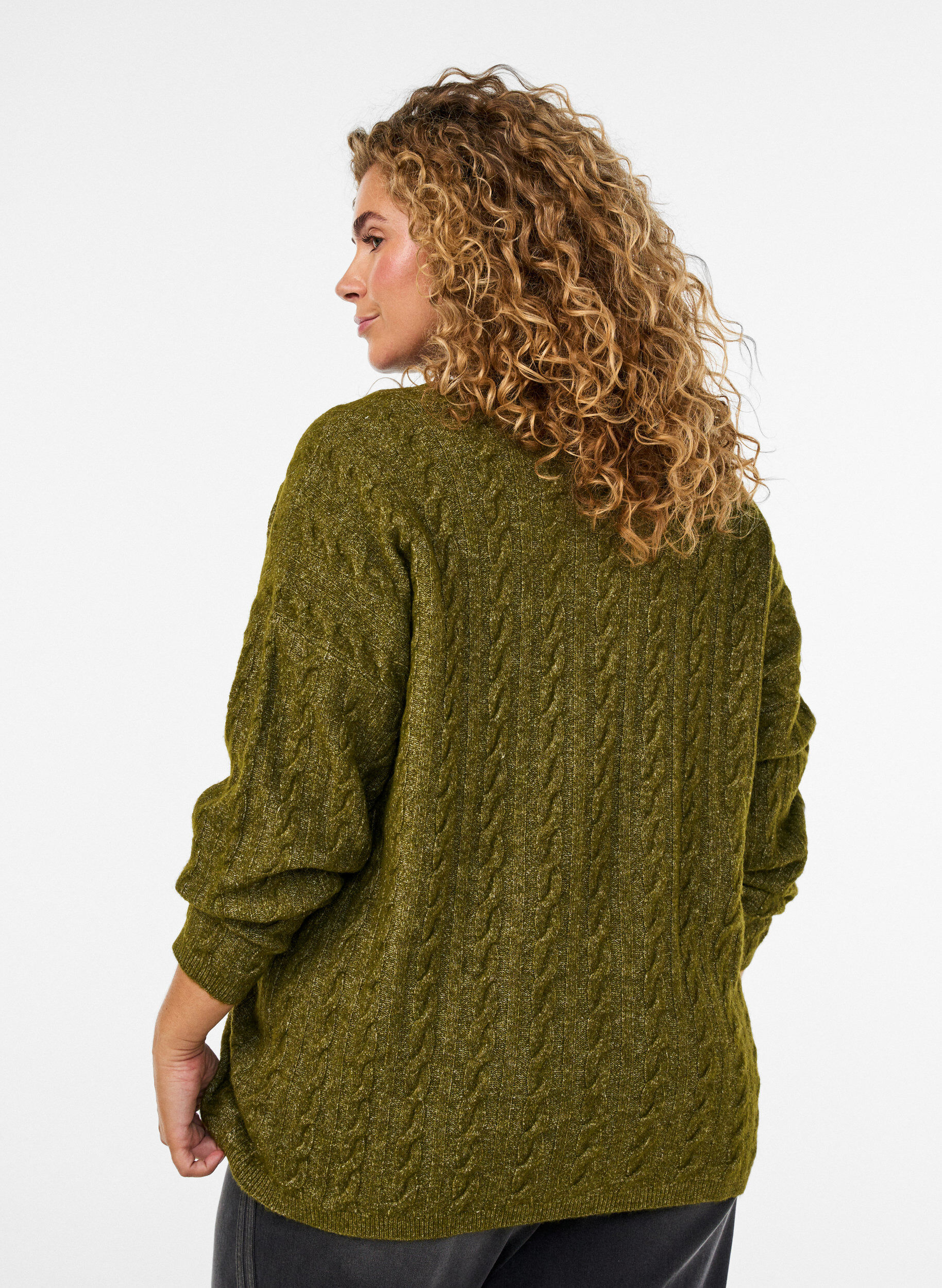 ZizzifashionKnitted blouse with cable knit and V-neck, Green, Model image number 2