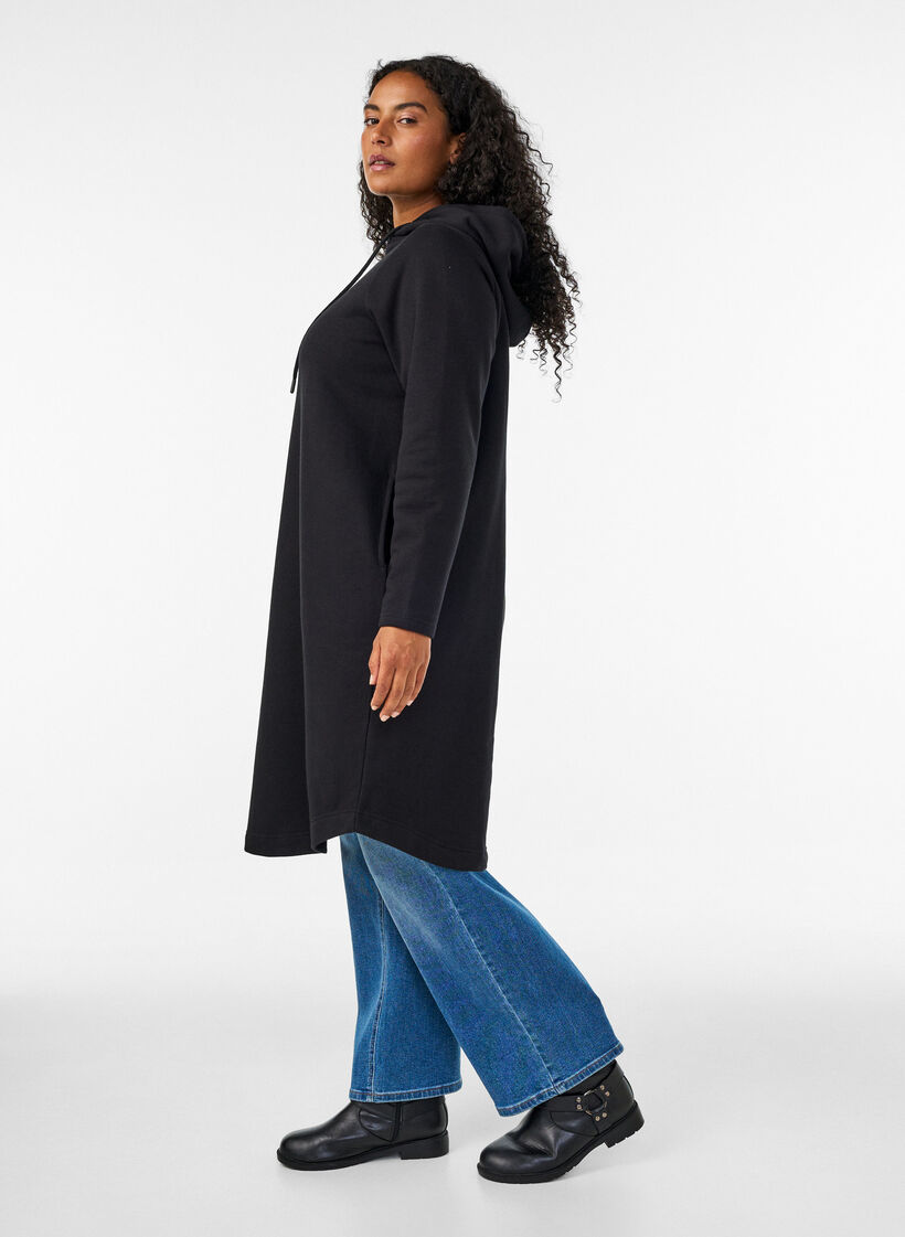 Hooded sweatshirt dress with pockets, Black, Model image number 2