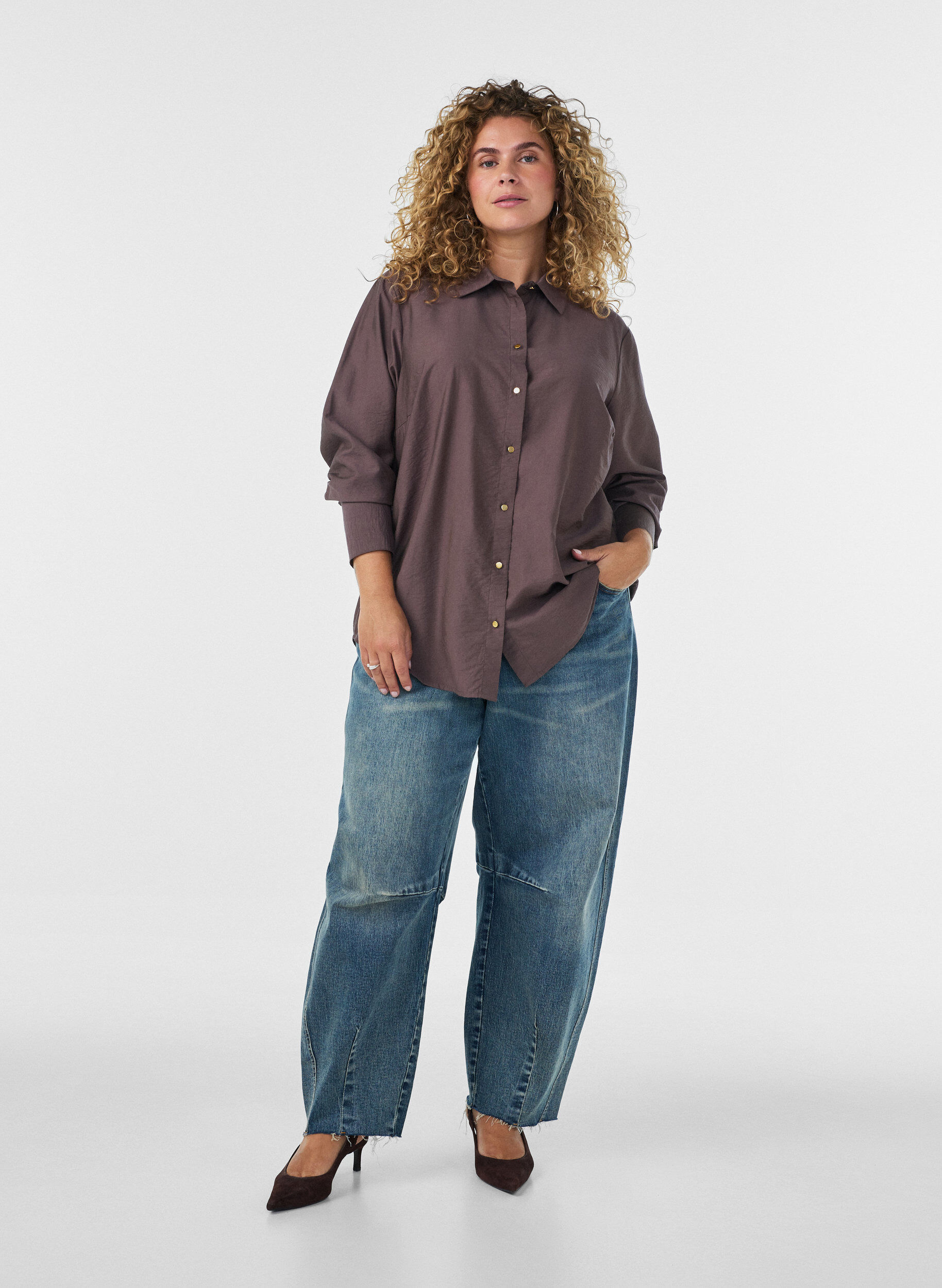 ZizzifashionViscose shirt with golden buttons, Brown, Model image number 1