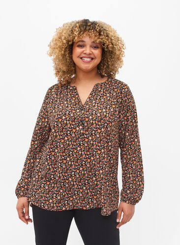 Long-sleeved blouse with floral print and v-neck, Ditsy Floral, Model image number 0