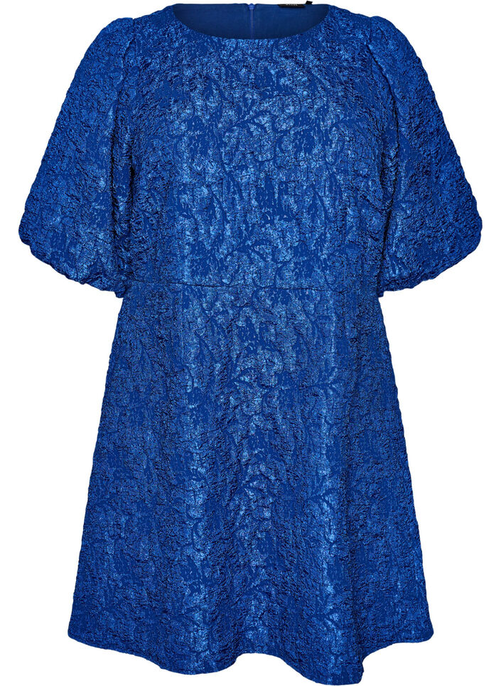 Jacquard dress with puff sleeves and A-line, Blue, Packshot image number 0