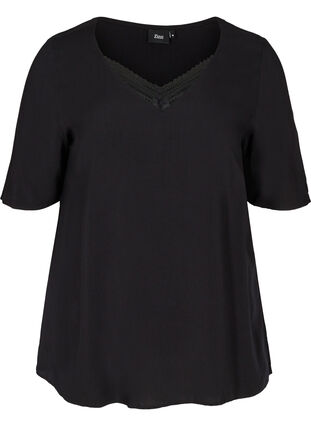 Viscose blouse with a V-neck and lace, Black, Packshot image number 0