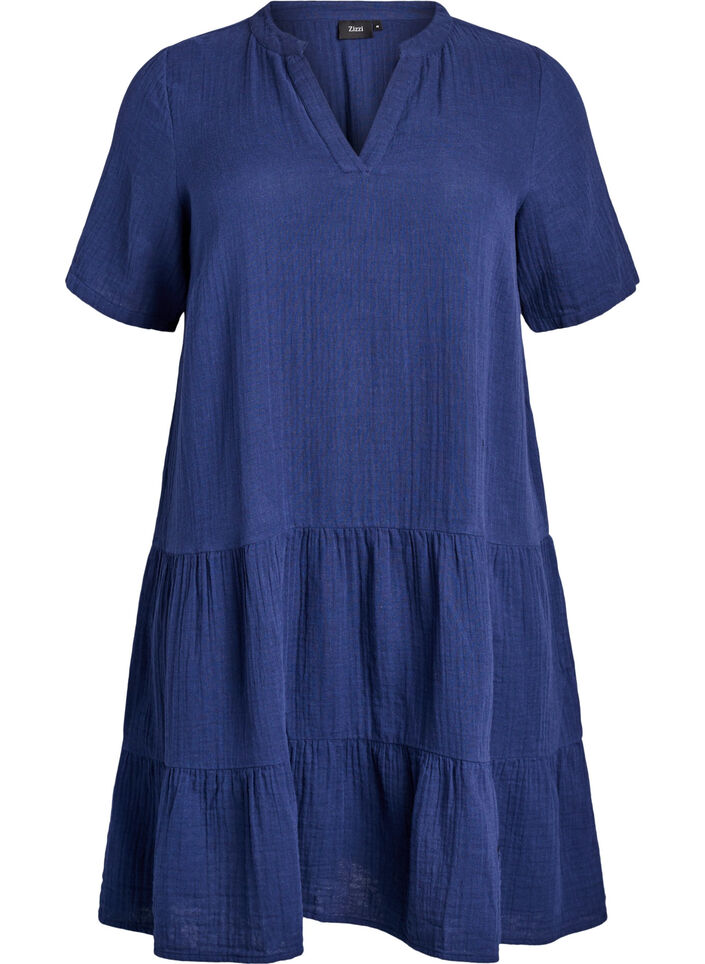 Short A-line dress in cotton muslin, Blue, Packshot image number 0