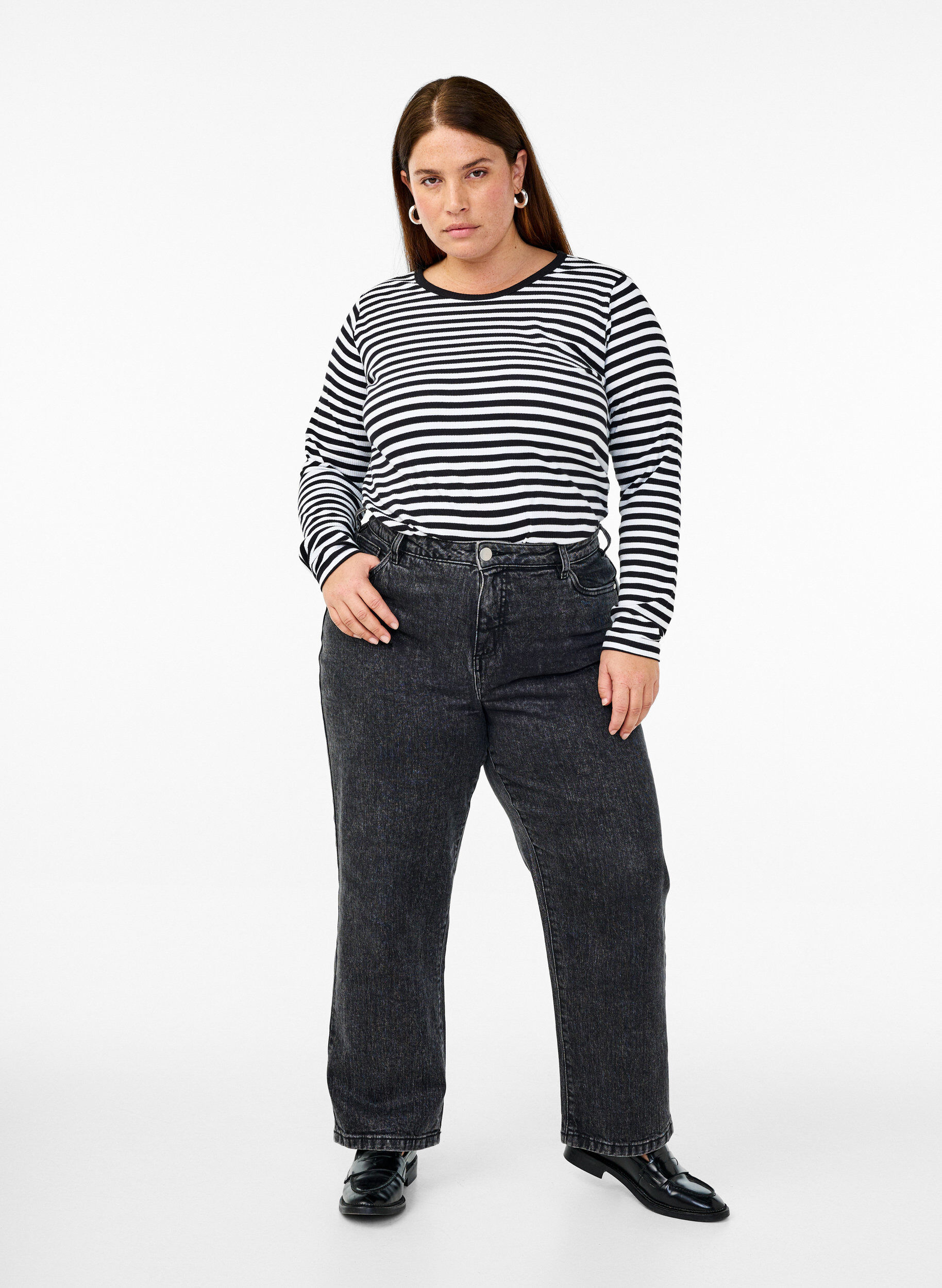 ZizzifashionStriped blouse with long sleeves, Black, Model image number 1