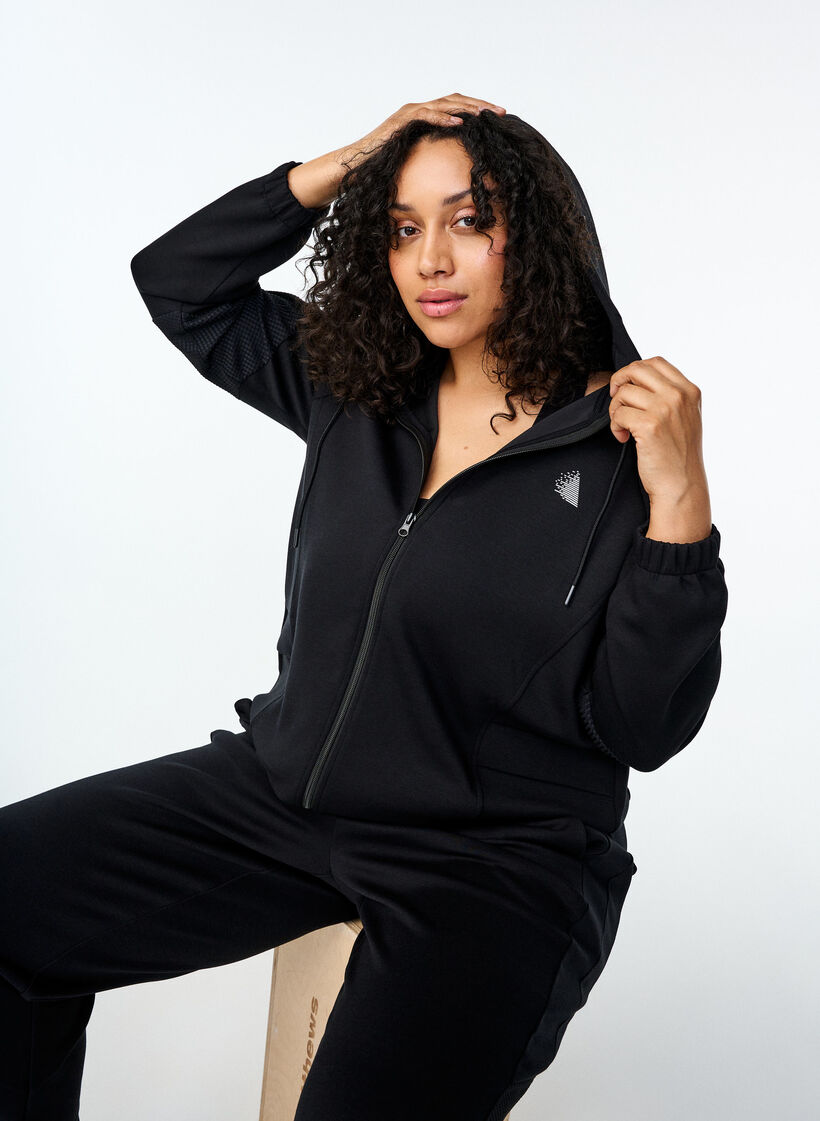 Hooded sweat cardigan with pockets, Black, Image image number 1