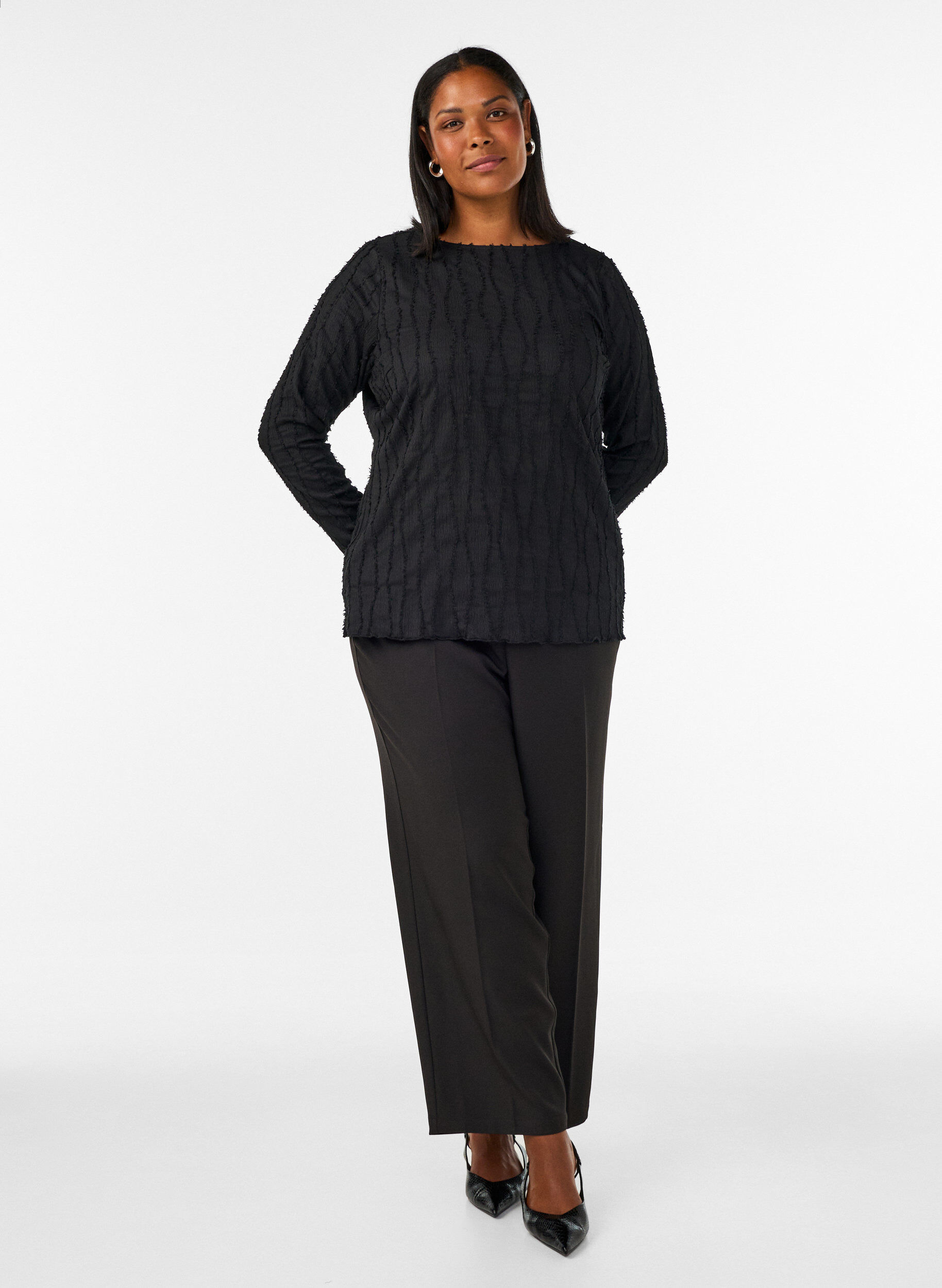ZizzifashionJersey blouse with a wavy texture, Black, Model image number 1