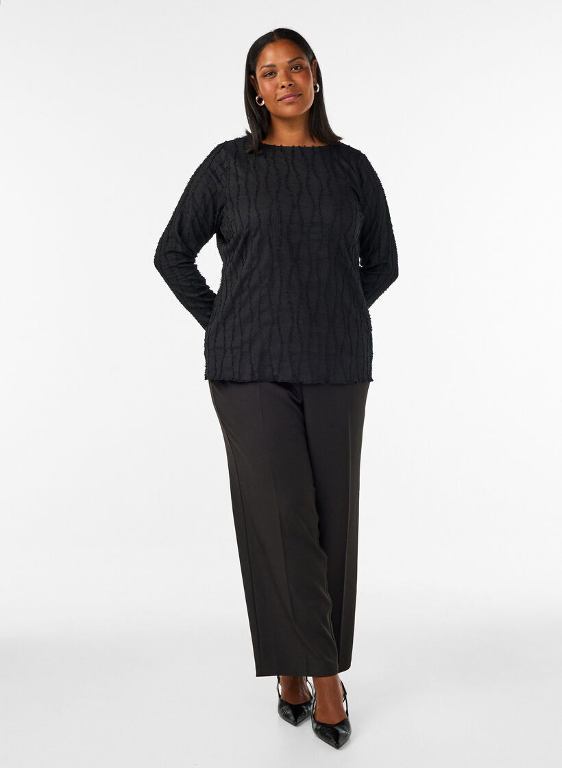 Jersey blouse with a wavy texture, Black, Model image number 1