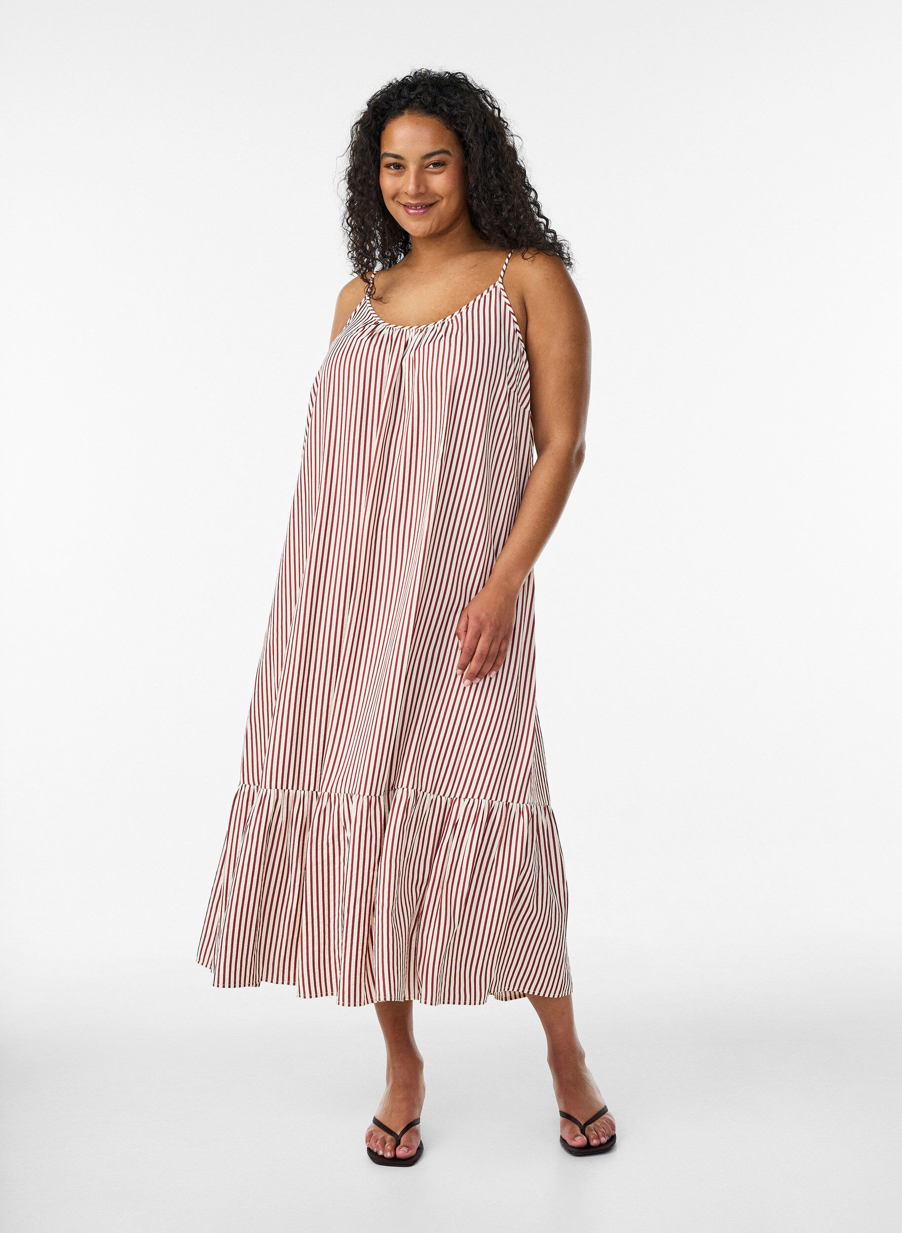 Summer dress with stripes and A-line shape, Red, Model