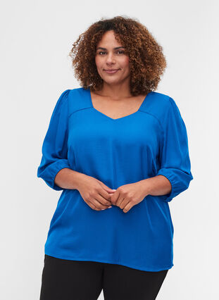 A-line, v-neck blouse with 3/4 balloon sleeves, Princess Blue, Model image number 0