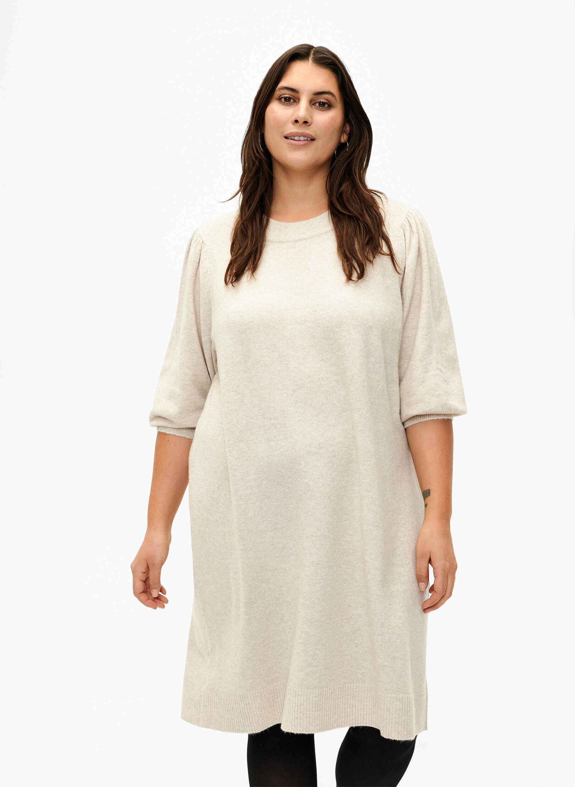 Zizzifashion Knitted dress with 3/4 puff sleeves, Pumice S./White Mel., Model image number 0