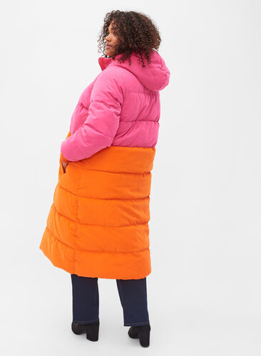 Long winter jacket with colour block, Pink W/Orange, Model image number 1