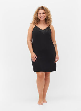 Viscose nightie with lace, Black, Model image number 2