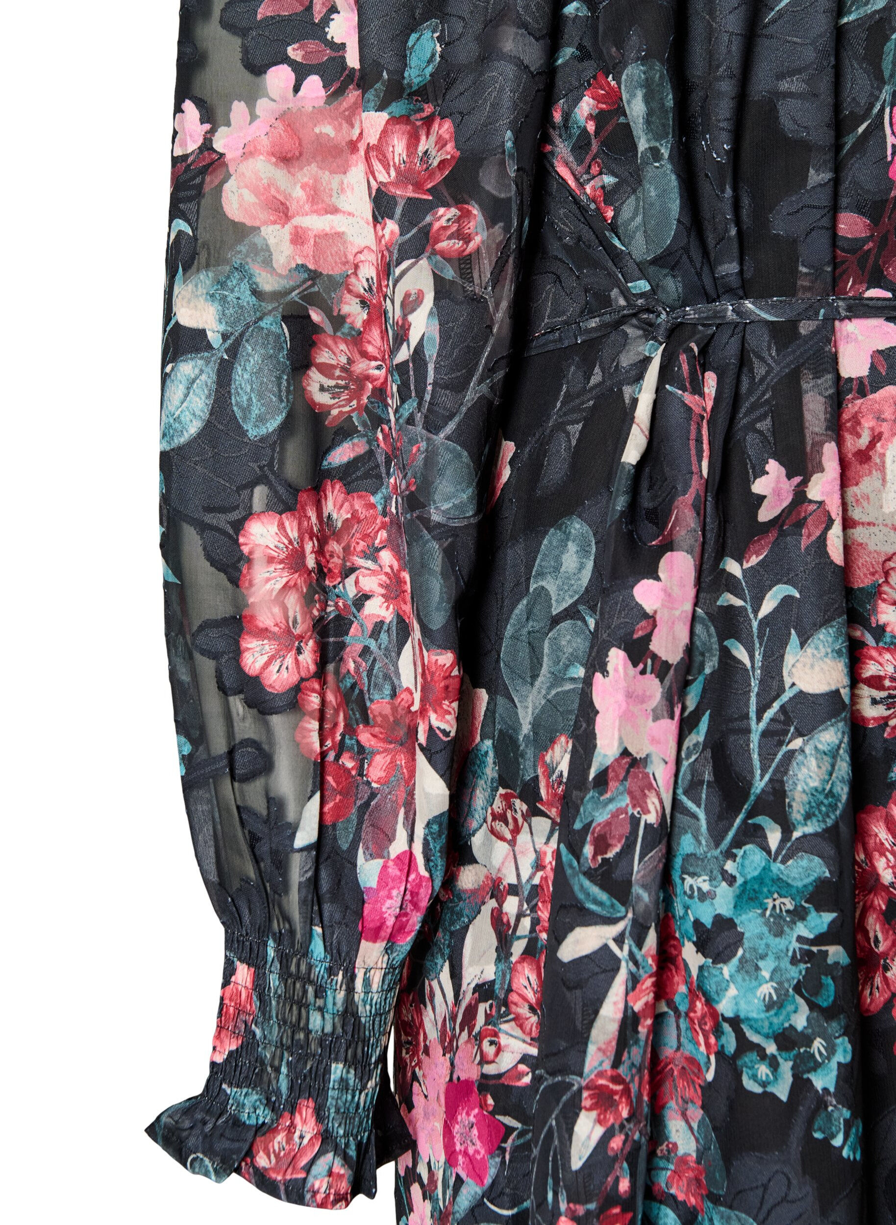 ZizzifashionFloral midi dress with woven texture and tie-belt, Black, Packshot image number 3