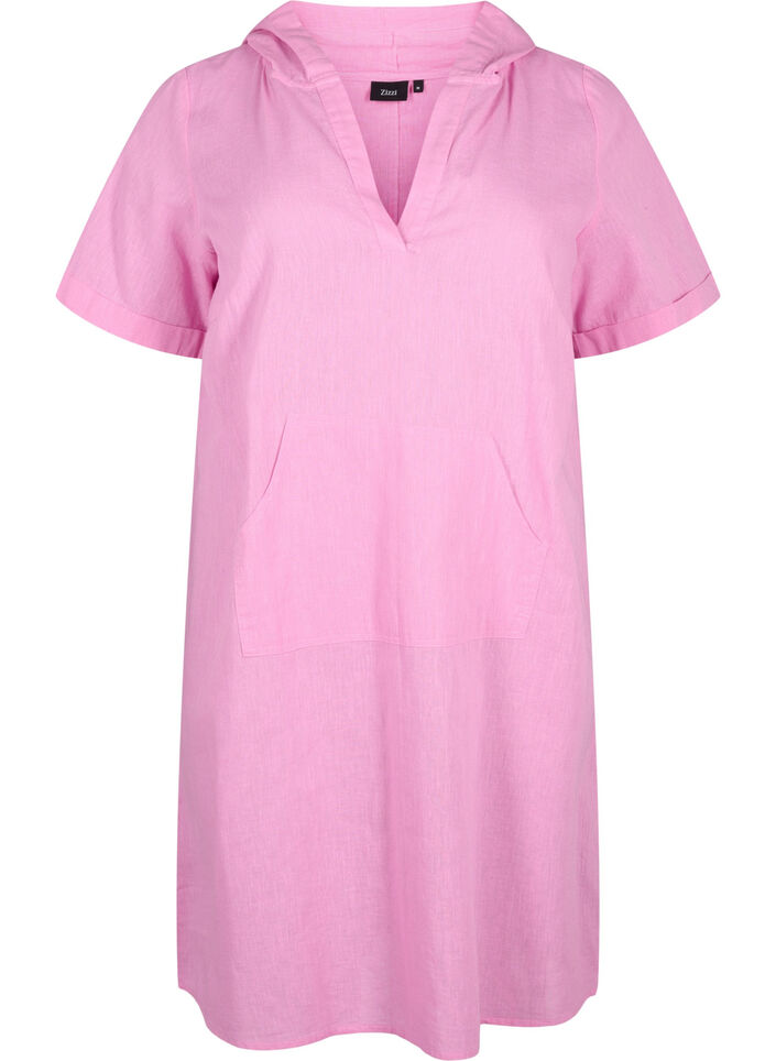 Cotton blend hooded dress with linen, Rosebloom, Packshot image number 0