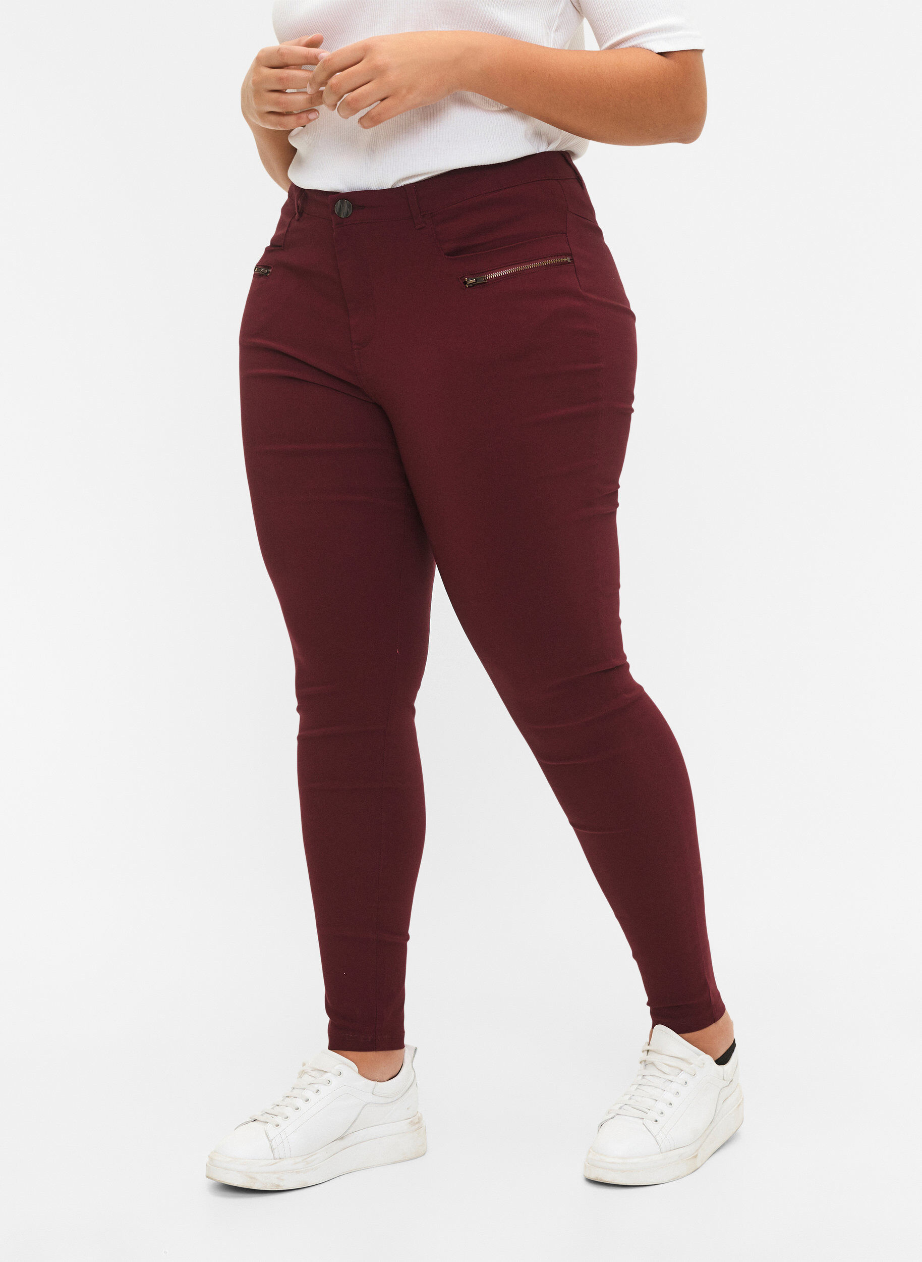Zizzifashion Close-fitting trousers with zipper details, Red, Model image number 2