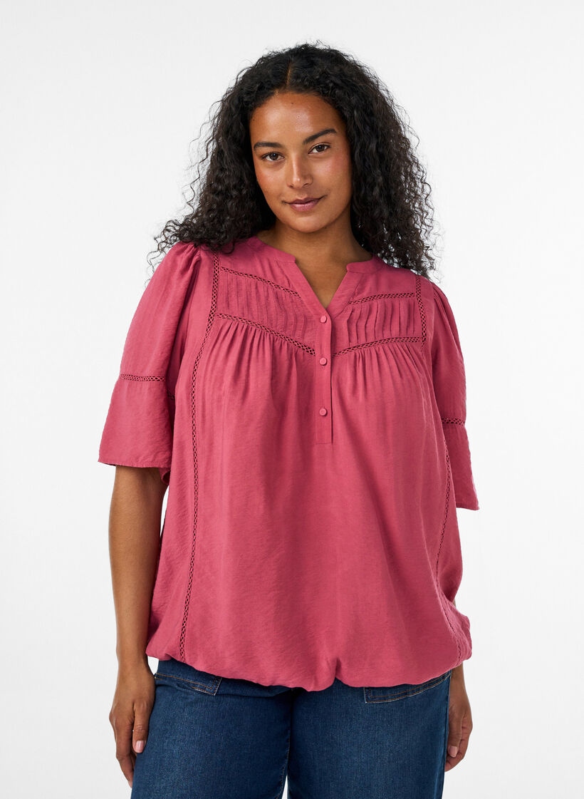 Viscose blouse with pintucks and balloon effect, Rose, Model image number 0