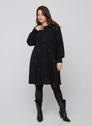 Long-sleeved dress with pearls and smocking, Black, Model image number 3