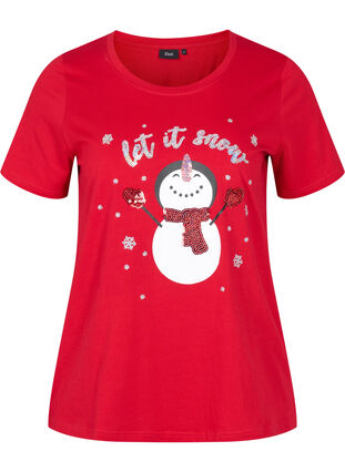 Christmas t-shirt in cotton, Tango Red Snowman, Packshot image number 0