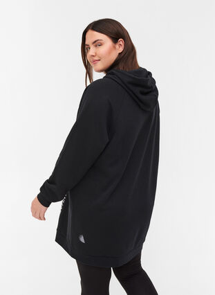 Long sweatshirt with a hood and print details, Black, Model image number 1