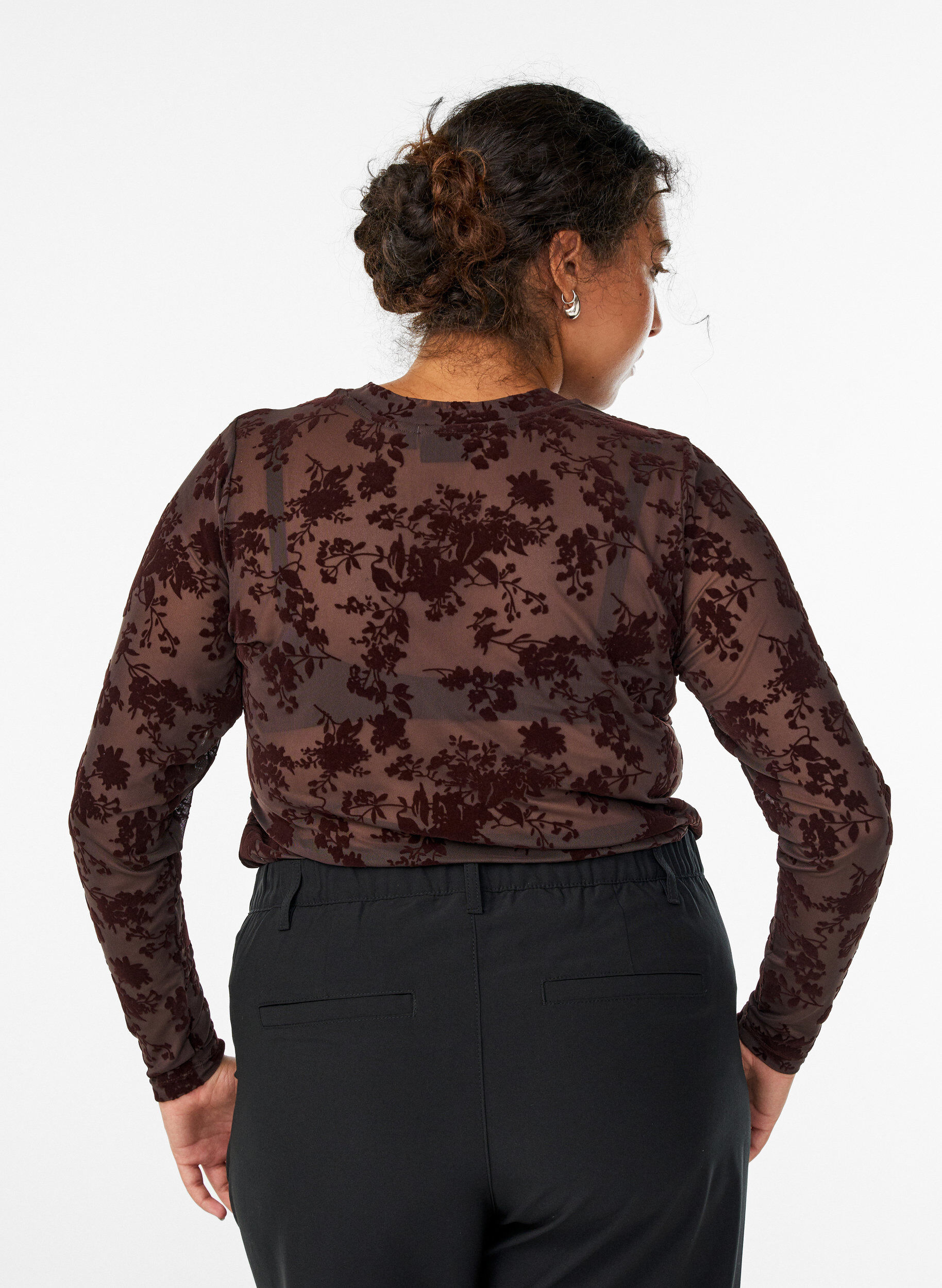 Zizzifashion Mesh blouse with floral pattern, Brown, Model image number 2