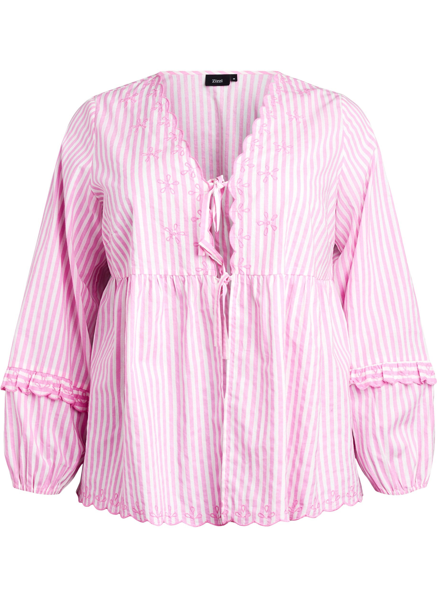 Zizzifashion Striped blouse with open front and embroidery details, Pink, Packshot image number 0