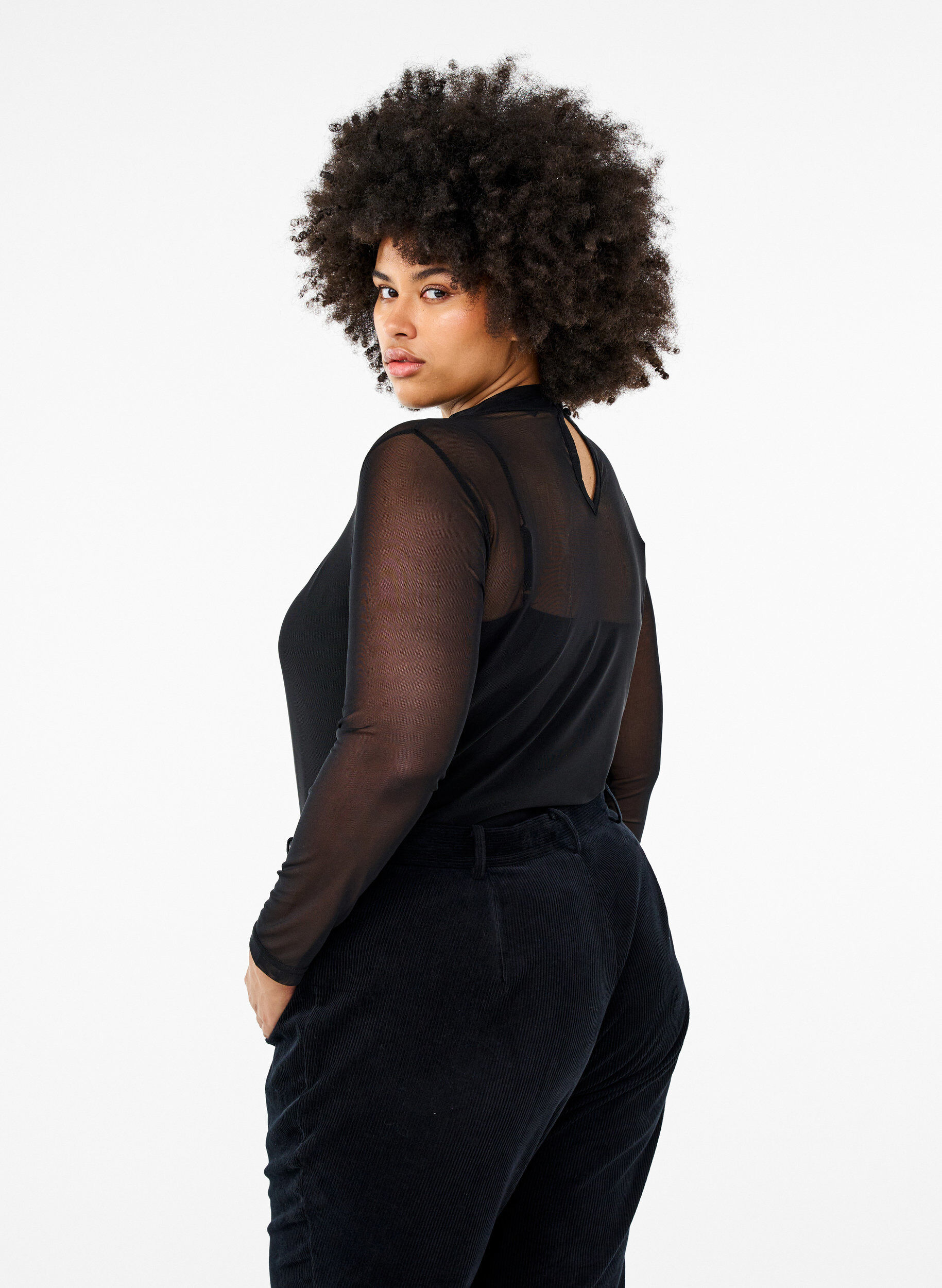 ZizzifashionFitted mesh blouse with long sleeves, Black, Model image number 2