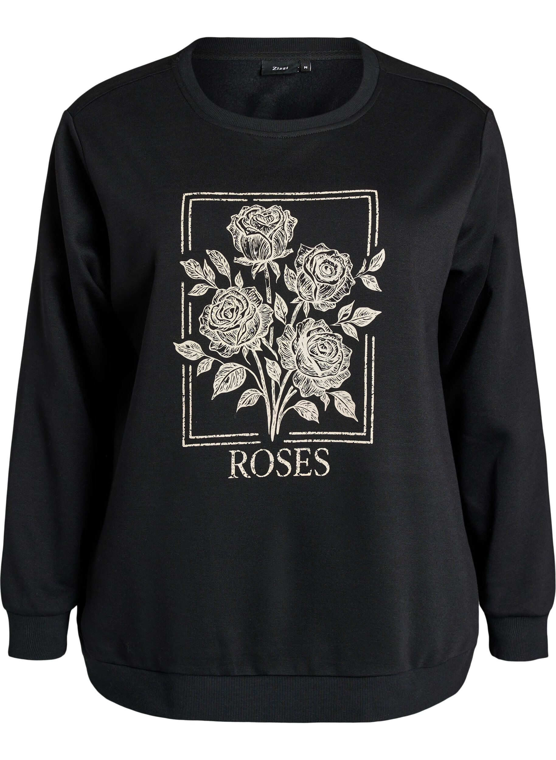 ZizzifashionSweatshirt with rose print and rhinestones, Black, Packshot image number 0