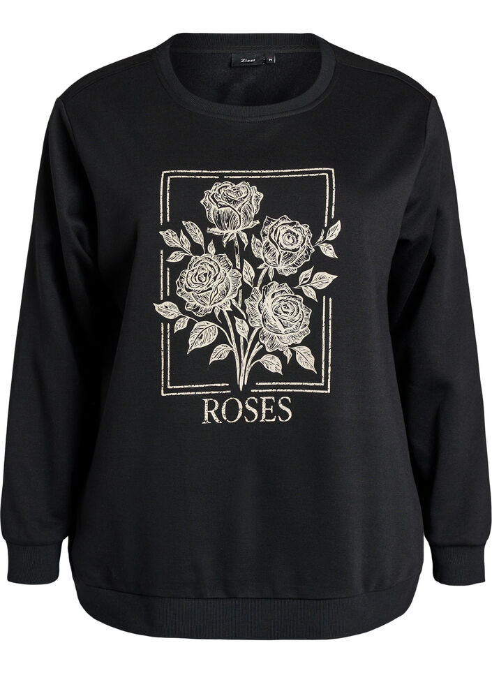 Sweatshirt with rose print and rhinestones, Black, Packshot image number 0