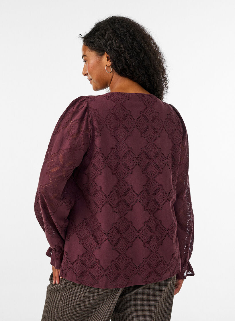 Long-sleeved blouse with lace pattern, Dark Bordeaux, Model image number 2