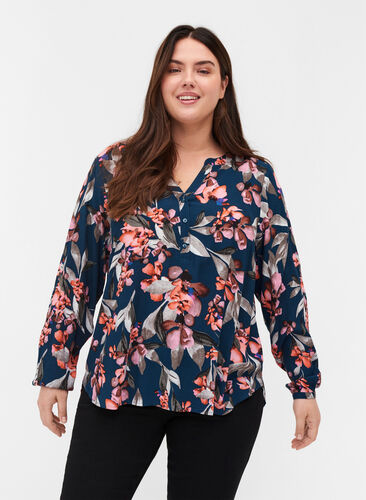 Floral viscose blouse with buttons, Blue Flower AOP, Model image number 0