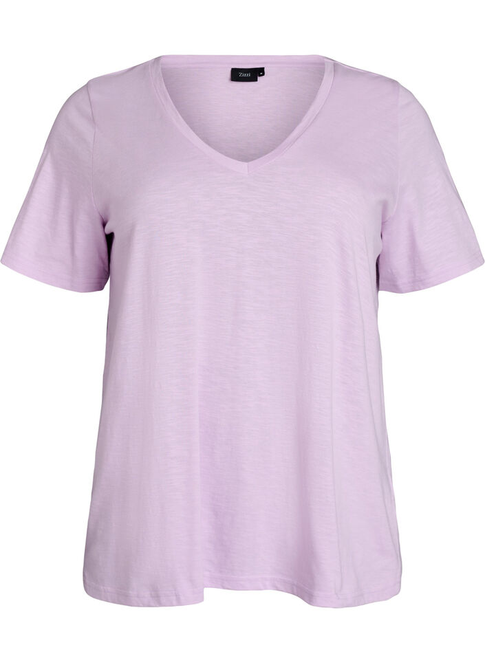 Short-sleeved basic t-shirt with v-neck, Purple, Packshot image number 0