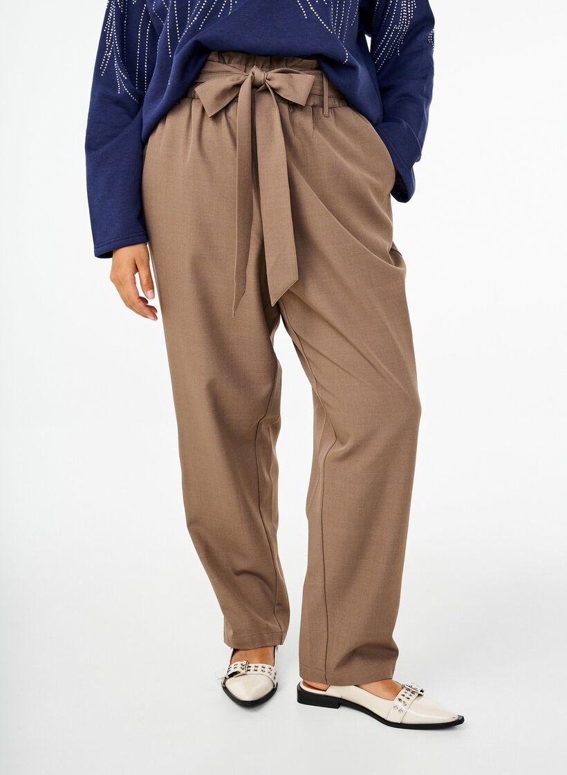 High-waisted trousers with ruffles and a tie belt, Walnut Melange, Model image number 2