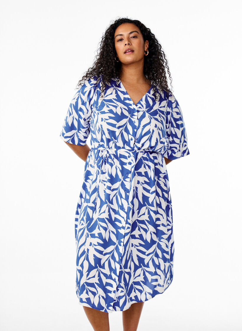 Midi dress with print and tie belt, Blue, Model image number 0