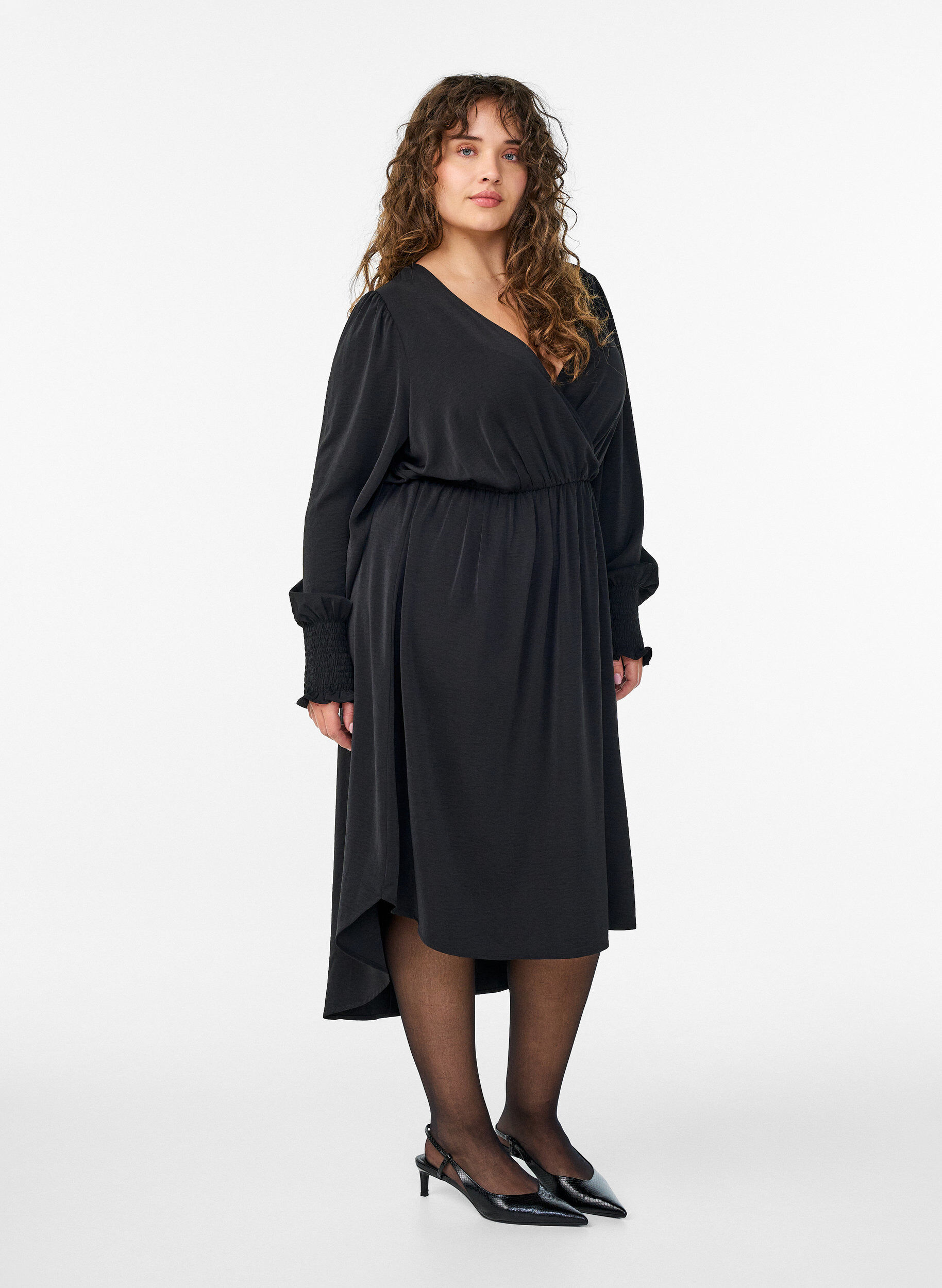 Zizzifashion Midi dress with wrap-look and smock sleeves, Black, Model image number 1