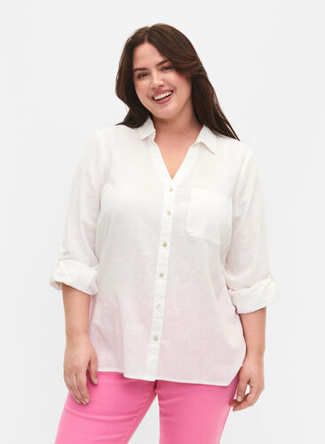 Shirt blouse with button closure in cotton-linen blend, White, Model image number 0