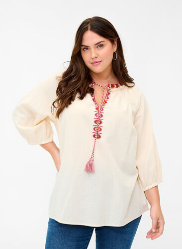 Cotton blouse with embroidery and 3/4 sleeves, Mother Of Pearl, Model image number 0