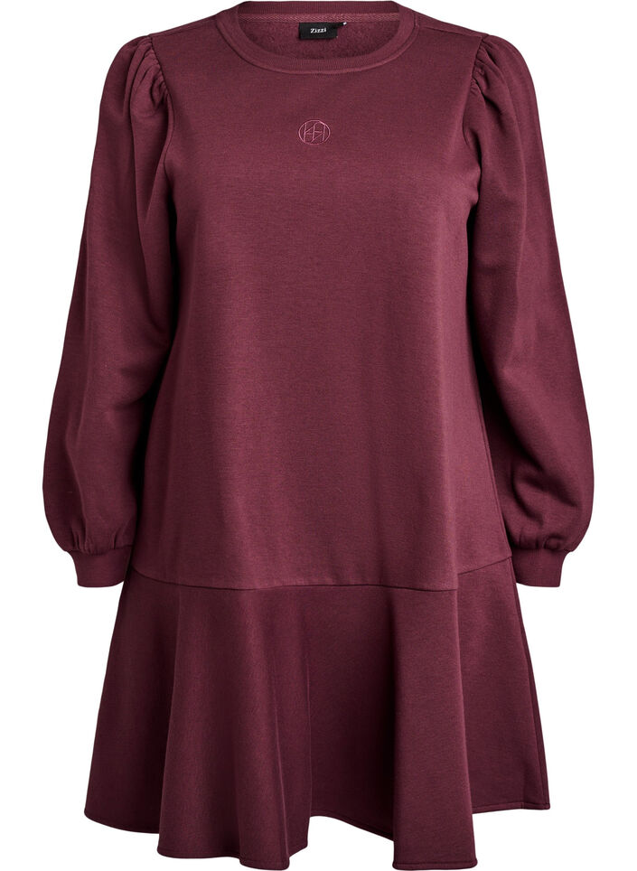 Short sweat dress with ruffle detail, Dark Bordeaux, Packshot image number 0