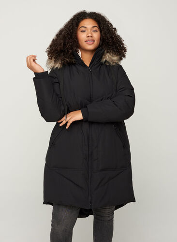 Winter coat with a hood and faux fur trim , Black, Model image number 0