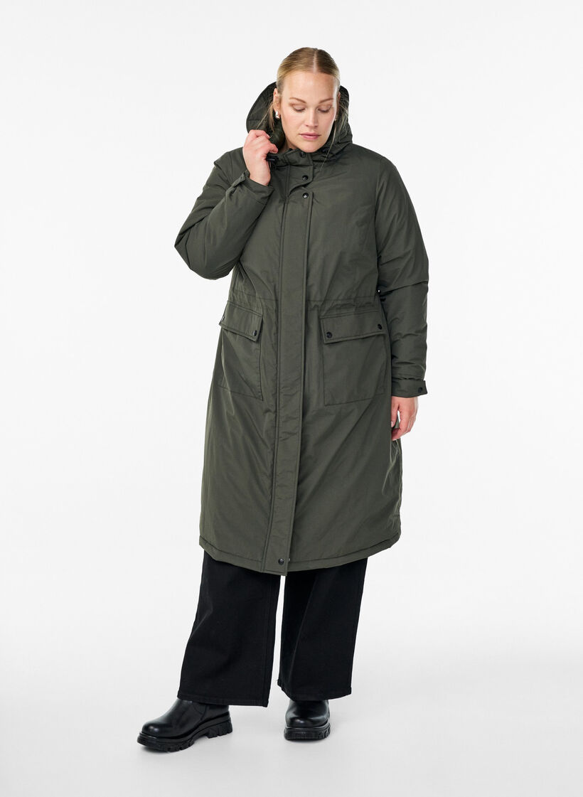 Parka with hood and adjustable waist, Green, Model image number 1