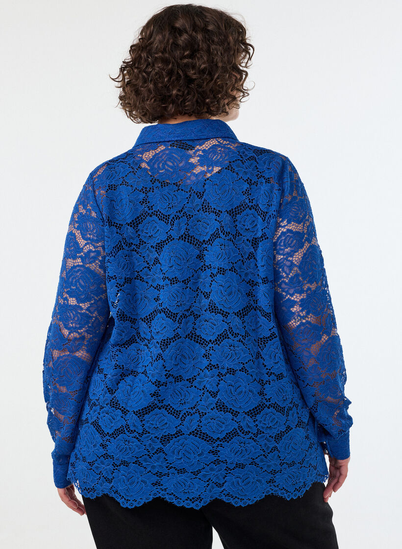 Lace shirt with pearl buttons, Blue, Model image number 2