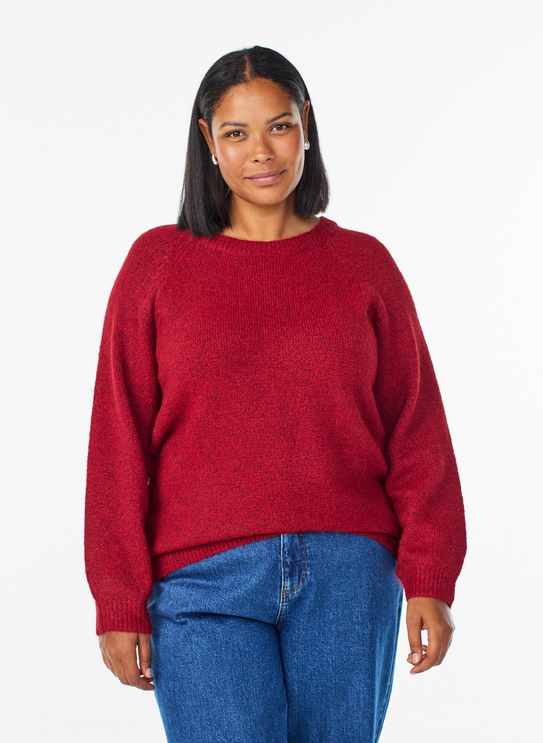 Knitted blouse with raglan sleeves, Red, Model
