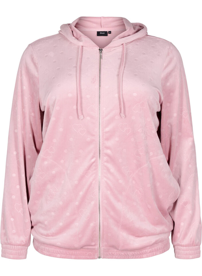 Velour cardigan with hood and pockets, Pink, Packshot image number 0